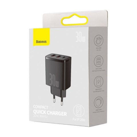 Ładowarka sieciowa BASEUS COMPACT QC 2xUSB/USB-C PD 3A 30W CZARNA/BLACK