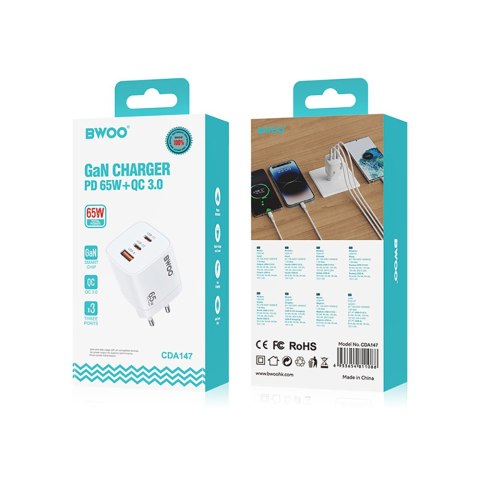 BWOO ładowarka sieciowa PD CDA147 2x USB-C 1x USB 65W czarna