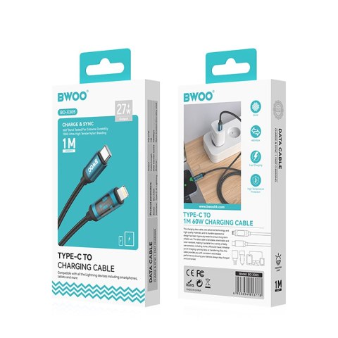 BWOO kabel Pleciony USB-C - Lightning 1m 27W z animowanym podświetleniem czarn