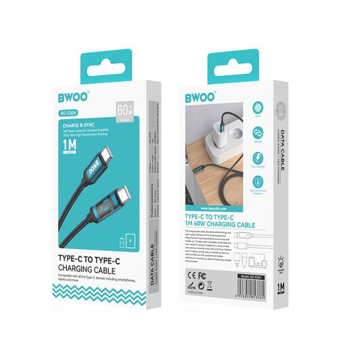 BWOO kabel Pleciony USB-C - USB-C 1m 60W z animowanym podświetleniem, czarny