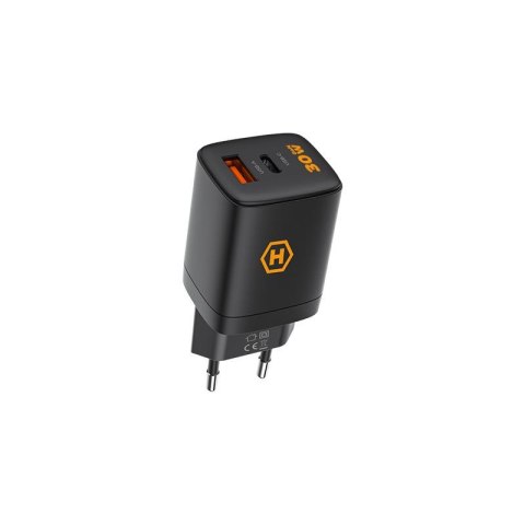 Ładowarka sieć Hammer RapidCharge Duo 30W GaN USB-A+C, BLACK / CZARNY