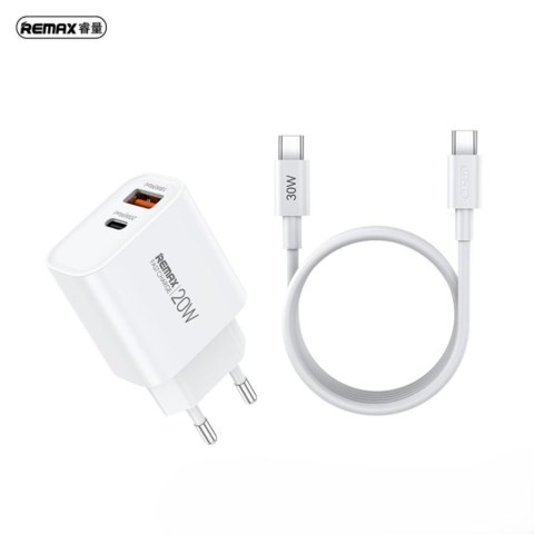 ŁAD SIEC REMAX CABLE SET 20W RP-U120 USB/USB-C + KABEL USB-C/USB-C WHITE