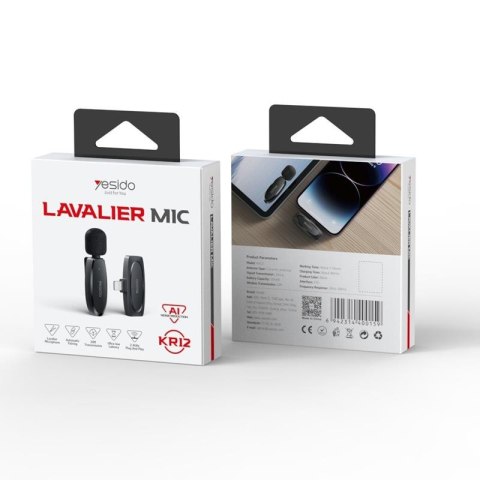 Yesido Mikrofon MEMS na Klipsie KR12 Lightning, Wireless 2.4GHz, BLACK/CZARNY