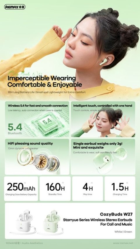 Słuchawki Bluetooth REMAX TWS W27 WHITE BT 5,4