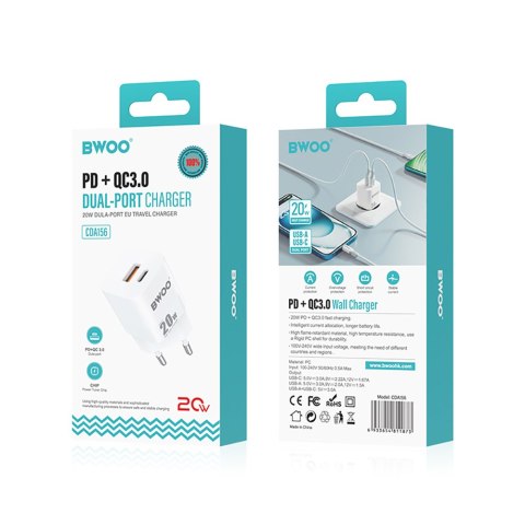 BWOO ładowarka sieciowa PD CDA156 2x USB-C 1x USB 20W biała