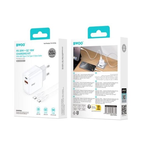BWOO ładowarka sieciowa CDA182 QC 38W USB USB-C biały + kabel USB-C 1m