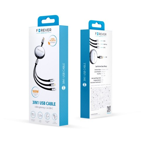 Forever kabel 3w1 USB-Lightning/2x USB-C 1,2m 100W czarny