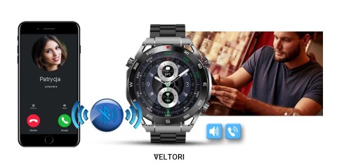 Smartwatch VELTORI VT100-1 + Czarny Pasek Silikonowy + Czarny Eko Skóra