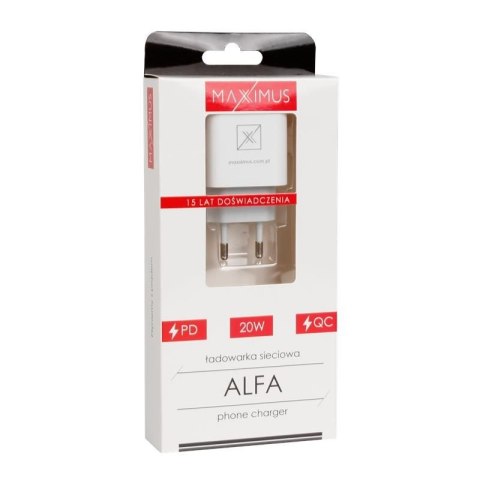 Ładowarka SIECIOWA MX ALFA 20W PD+QC, USB-A+C WHITE/BIAŁY