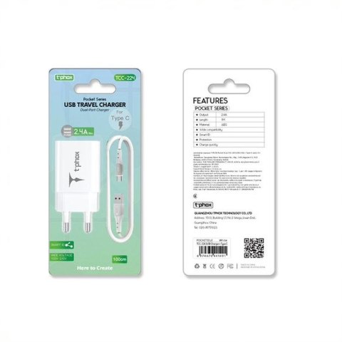 Ładowarka sieciowa T-PHOX POCKET SERIES 2xUSB TCC-224 2.4A 12W + KABEL USB-C 1M WHITE