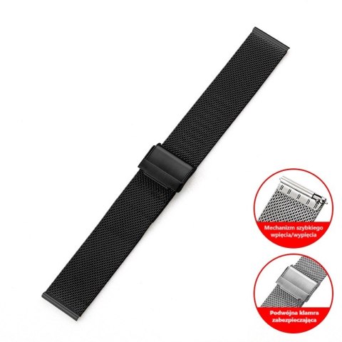 Regulowany pasek ze stali nierdzewnej do zegarka/smartwatch 20mm, BLACK/CZARNY