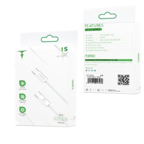 KABEL T-PHOX CC15 SERIES USB-C/USB-C 60W 3A WHITE