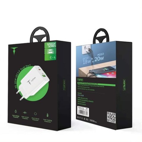 Ładowarka sieciowa T-PHOX SPEEDY USB-C 20W/USB 18W PD QC + KABEL LIGHTNING 1M BIAŁA/WHITE