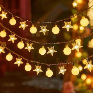 Girlanda 1.5m (10 lampek LED) USB Gwiazdki + Kulki, CIEPŁY BIAŁY